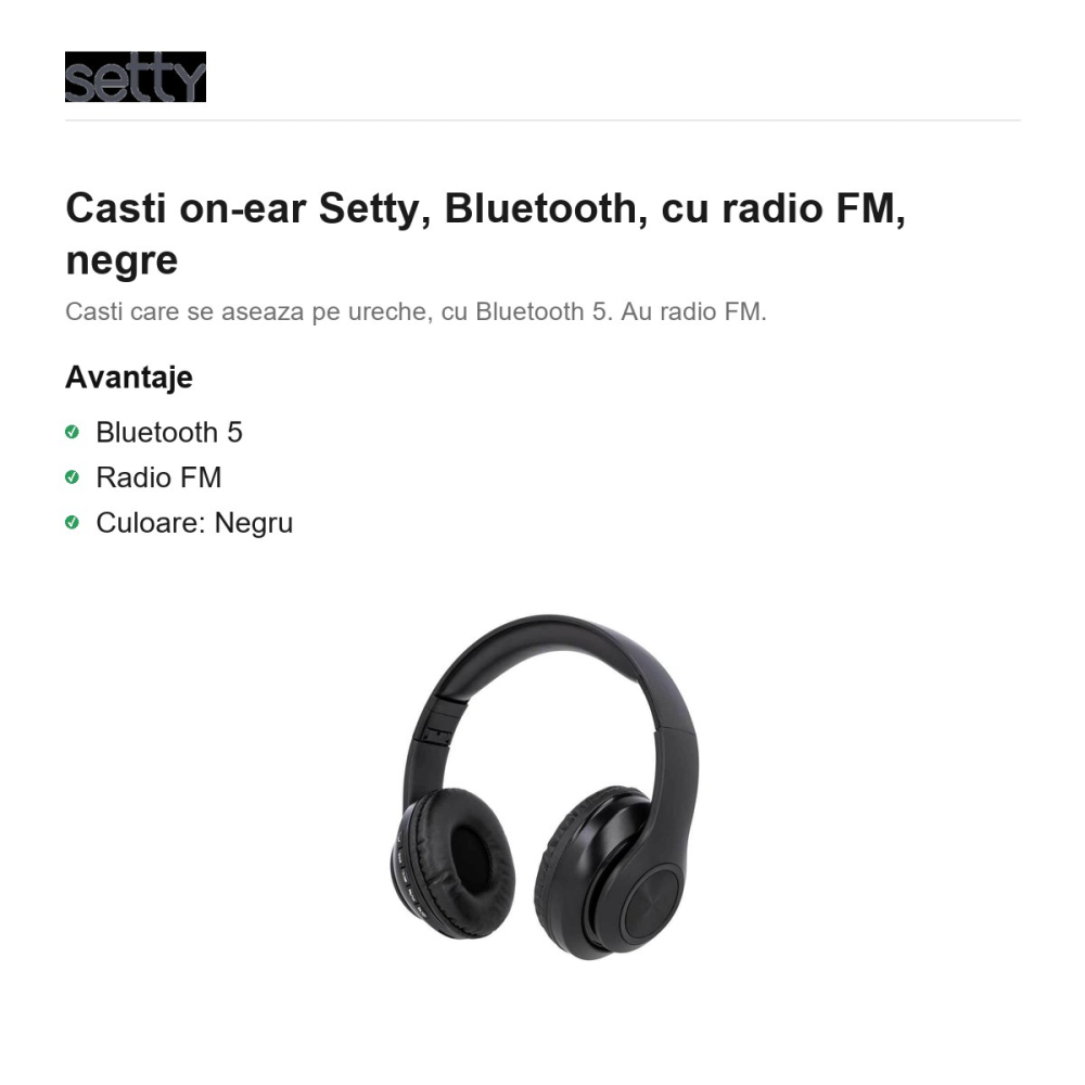 Casti on-ear Setty, Bluetooth, cu radio FM, negre [2]