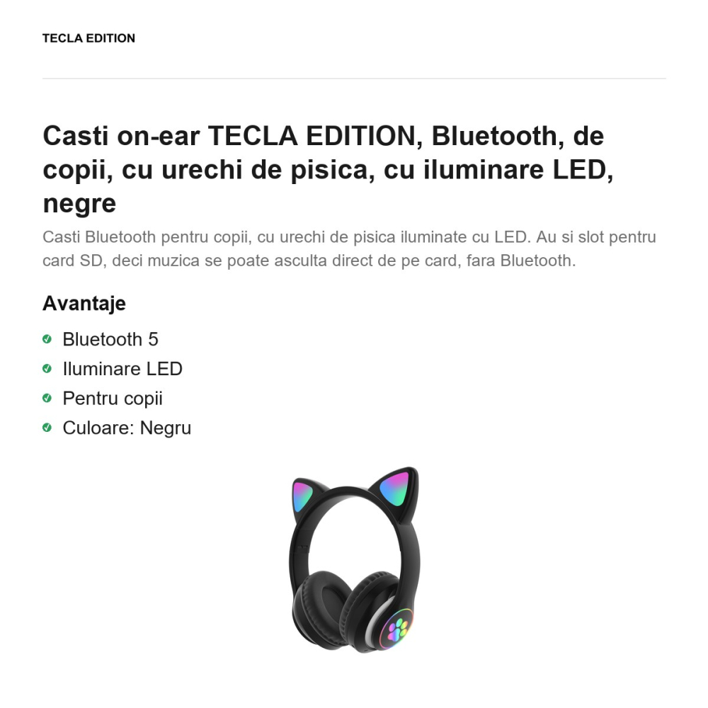 Casti on-ear TECLA EDITION, Bluetooth, de copii, cu urechi de pisica, cu iluminare LED, negre [2]