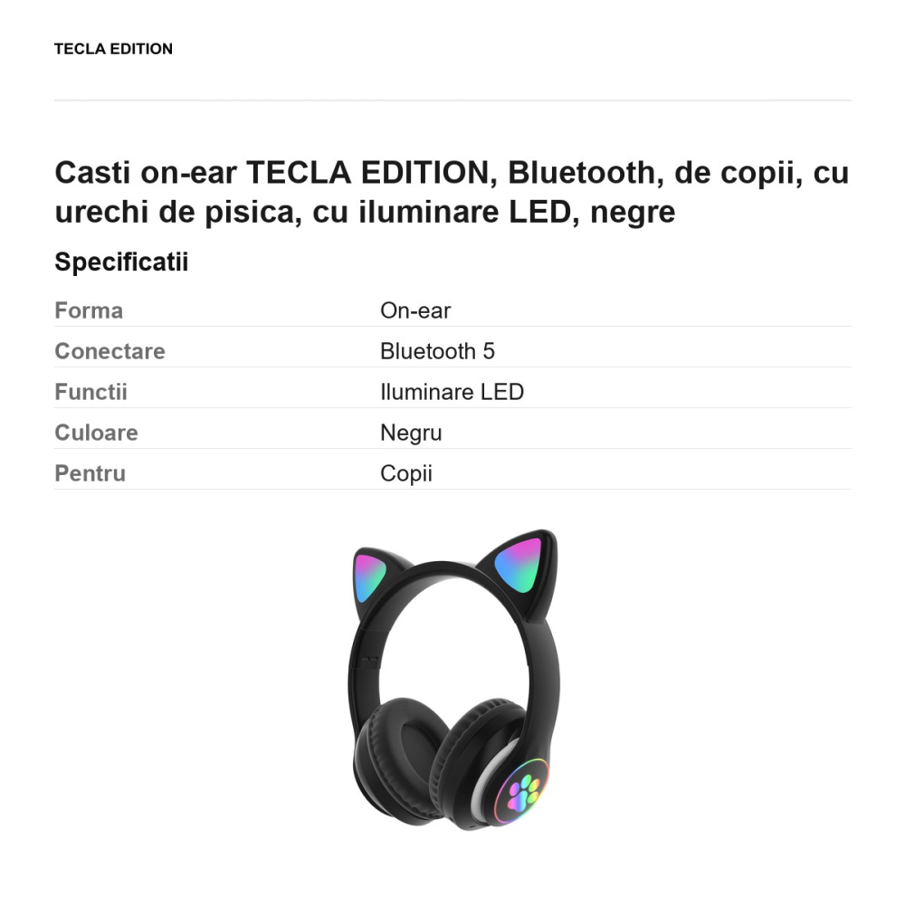 Casti on-ear TECLA EDITION, Bluetooth, de copii, cu urechi de pisica, cu iluminare LED, negre [3]