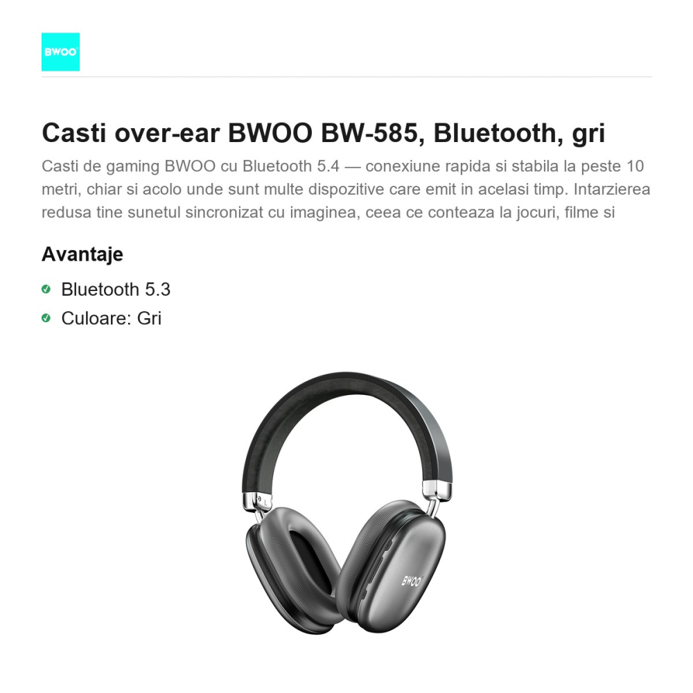 Casti over-ear BWOO BW-585, Bluetooth, gri [2]