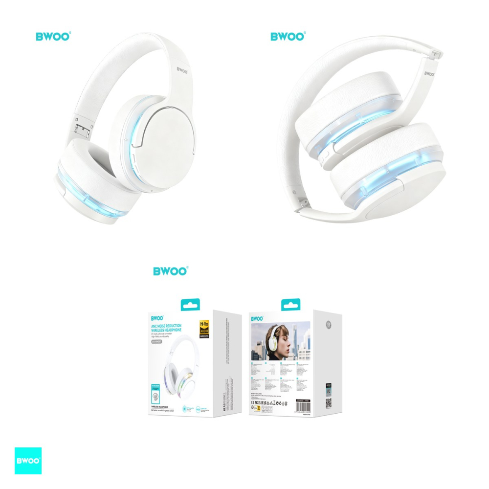 Casti over-ear BWOO BW587, Bluetooth, cu ANC, cu iluminare LED, albe [4]