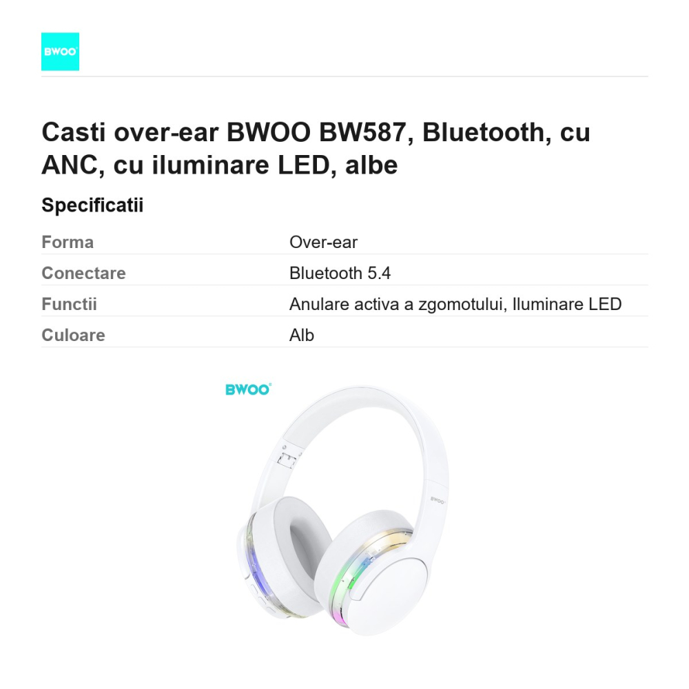Casti over-ear BWOO BW587, Bluetooth, cu ANC, cu iluminare LED, albe [3]