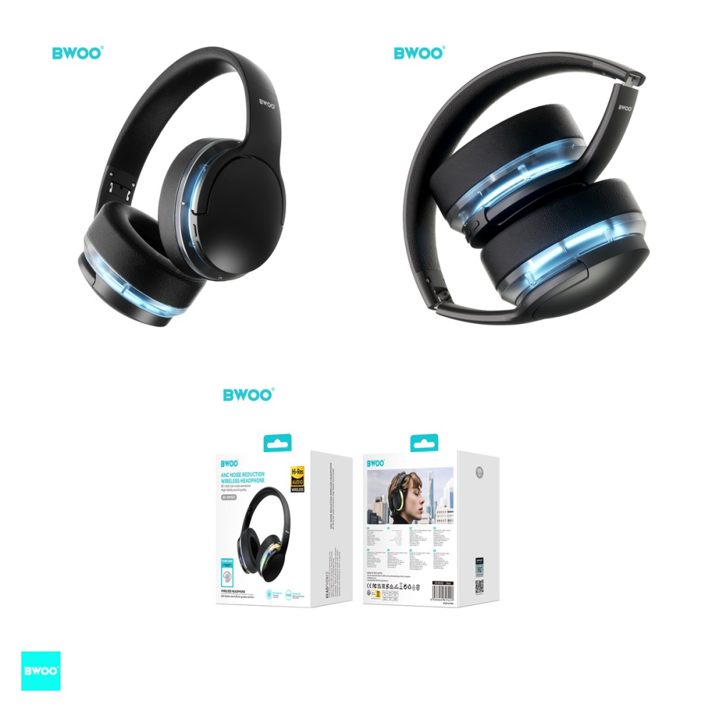 Casti over-ear BWOO BW587, Bluetooth, cu ANC, cu iluminare LED, negre [4]