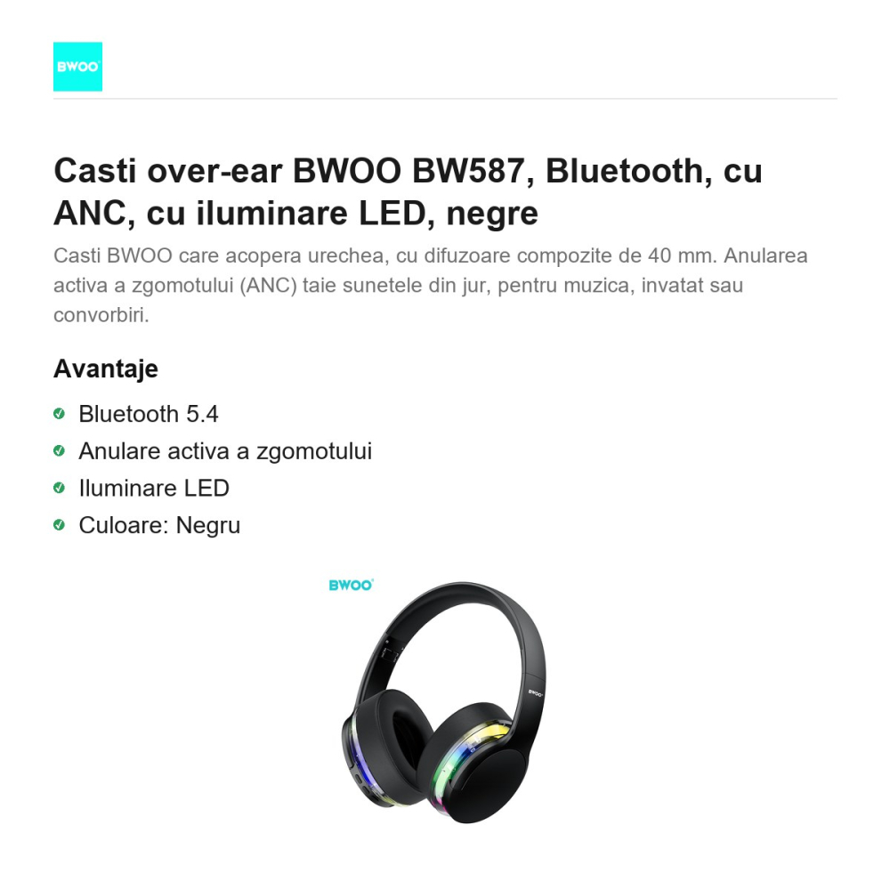 Casti over-ear BWOO BW587, Bluetooth, cu ANC, cu iluminare LED, negre [2]