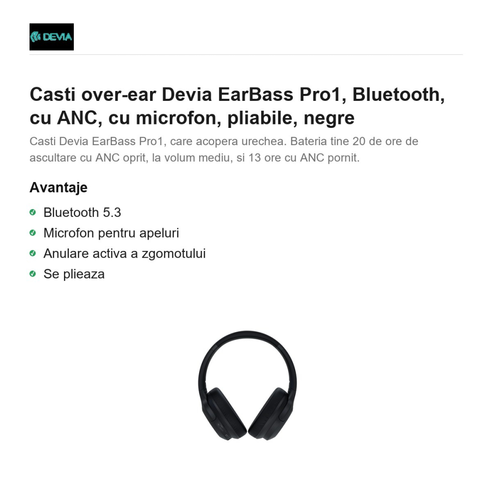 Casti over-ear Devia EarBass Pro1, Bluetooth, cu ANC, cu microfon, pliabile, negre [2]