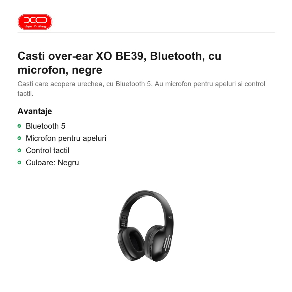 Casti over-ear XO BE39, Bluetooth, cu microfon, negre [2]