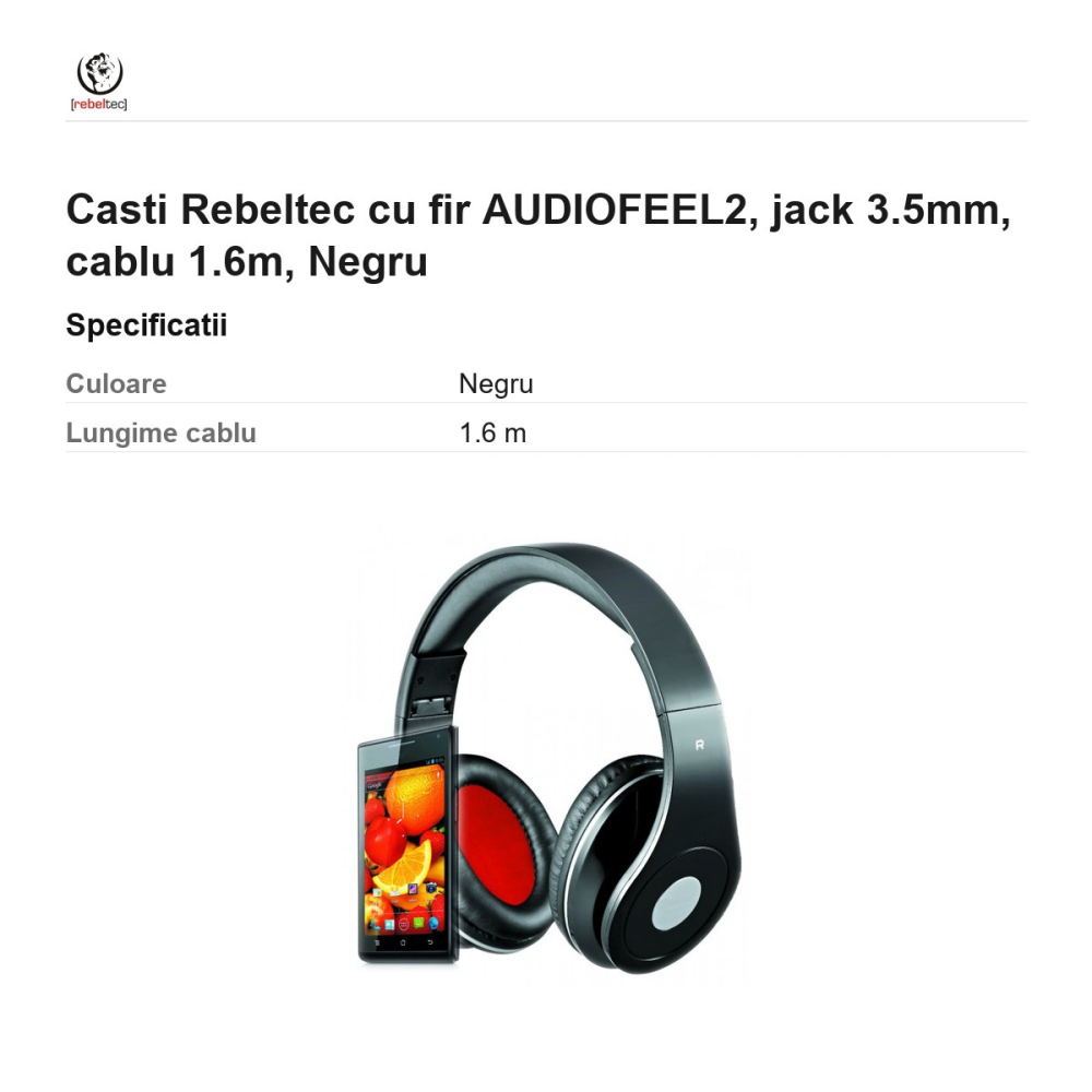 Casti Rebeltec cu fir AUDIOFEEL2, jack 3.5mm, cablu 1.6m, Negru [3]