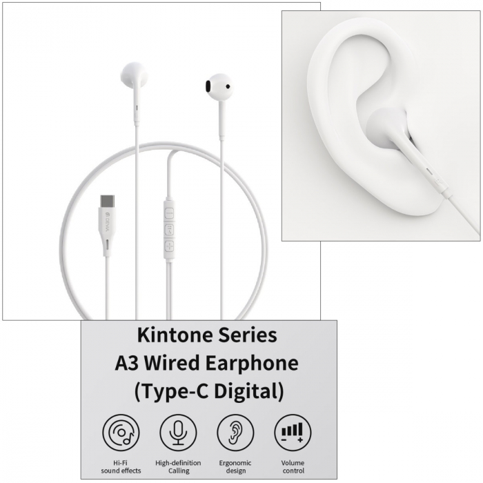 Casti semi-in-ear cu microfon, cablu 120cm si conector USB Tip C, Kintone A3 Digital, control pe fir, decodare digitala, pentru smartphone, albe [4]
