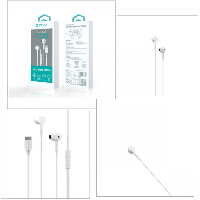 Casti semi-in-ear cu microfon, cablu 120cm si conector USB Tip C, Kintone A3 Digital, control pe fir, decodare digitala, pentru smartphone, albe [5]