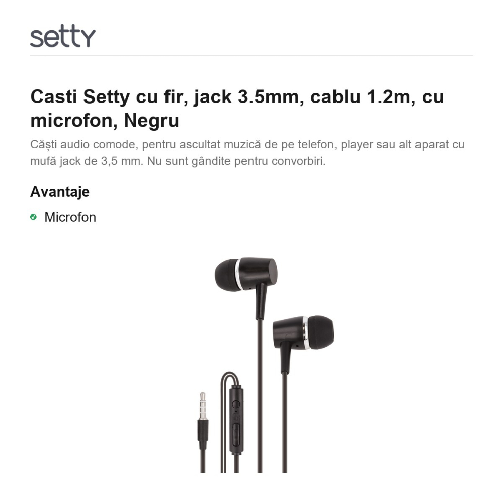 Casti Setty cu fir, jack 3.5mm, cablu 1.2m, cu microfon, Negru [2]