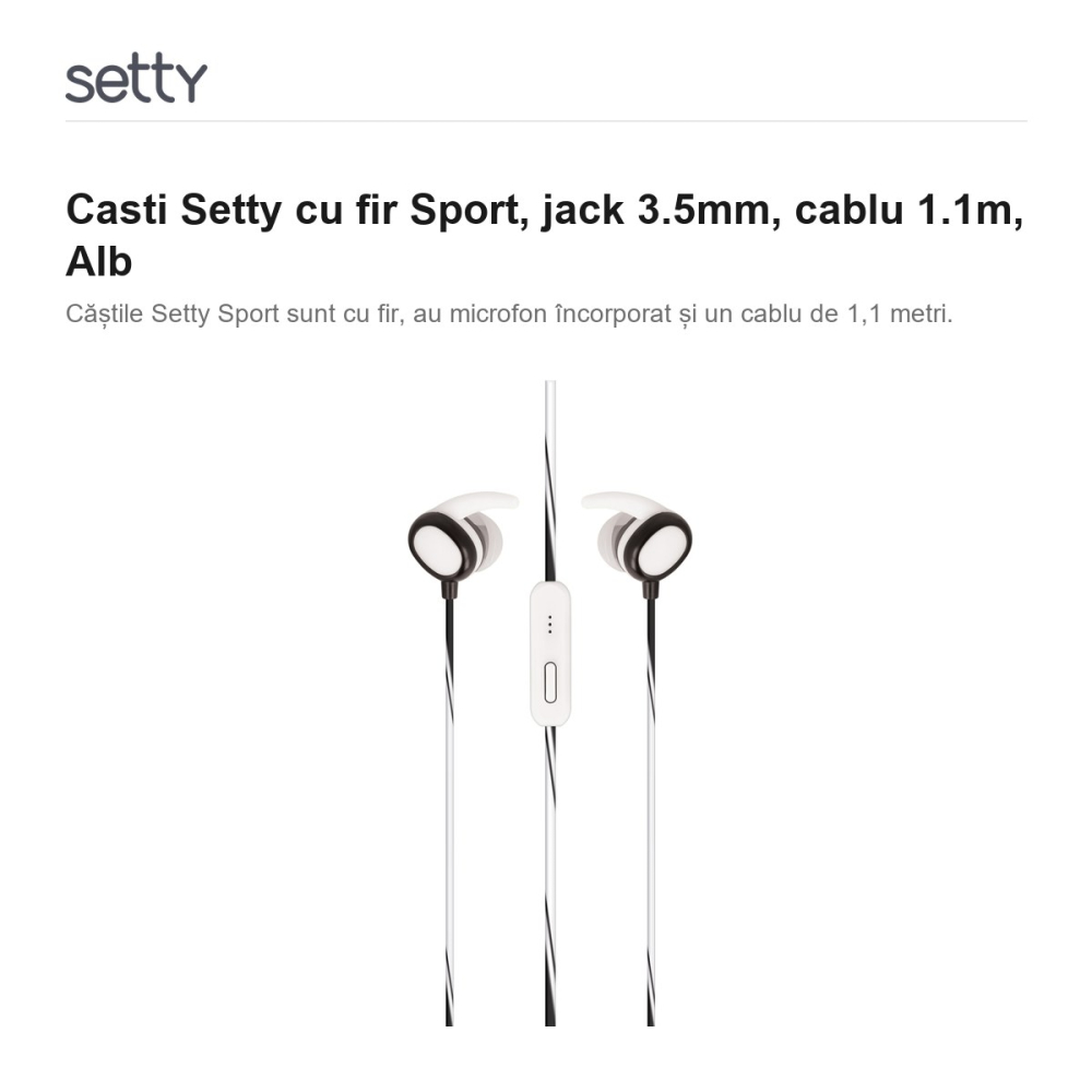 Casti Setty cu fir Sport, jack 3.5mm, cablu 1.1m, Alb [2]
