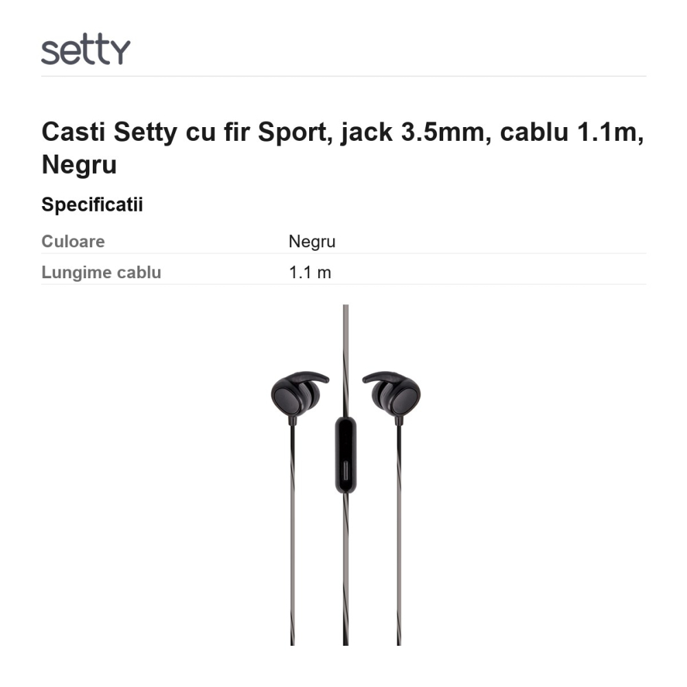 Casti Setty cu fir Sport, jack 3.5mm, cablu 1.1m, Negru [3]