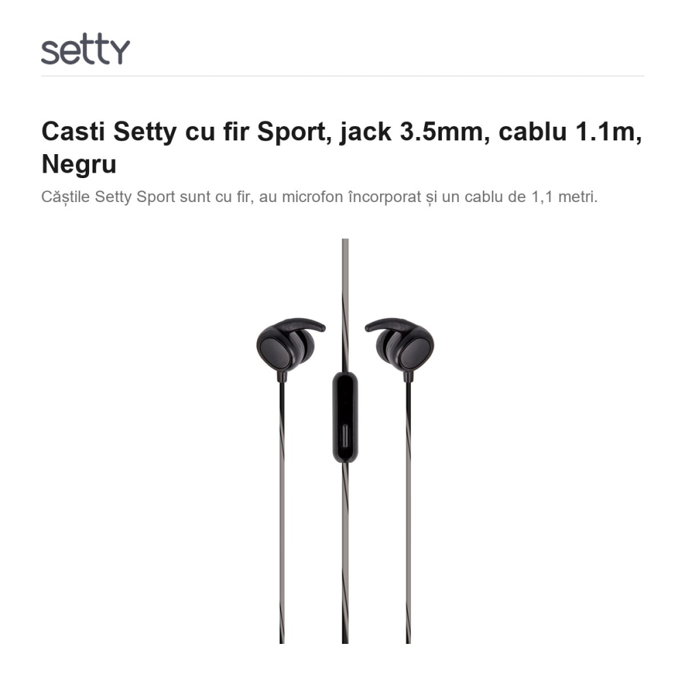 Casti Setty cu fir Sport, jack 3.5mm, cablu 1.1m, Negru [2]