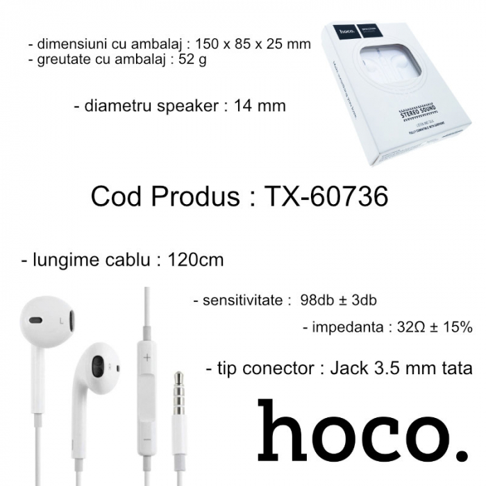 Casti stereo in-ear cu microfon, HOCO M1, conector Tip Jack 3.5 mm tata, control pe fir, lungime cablu 120 cm, albe [5]