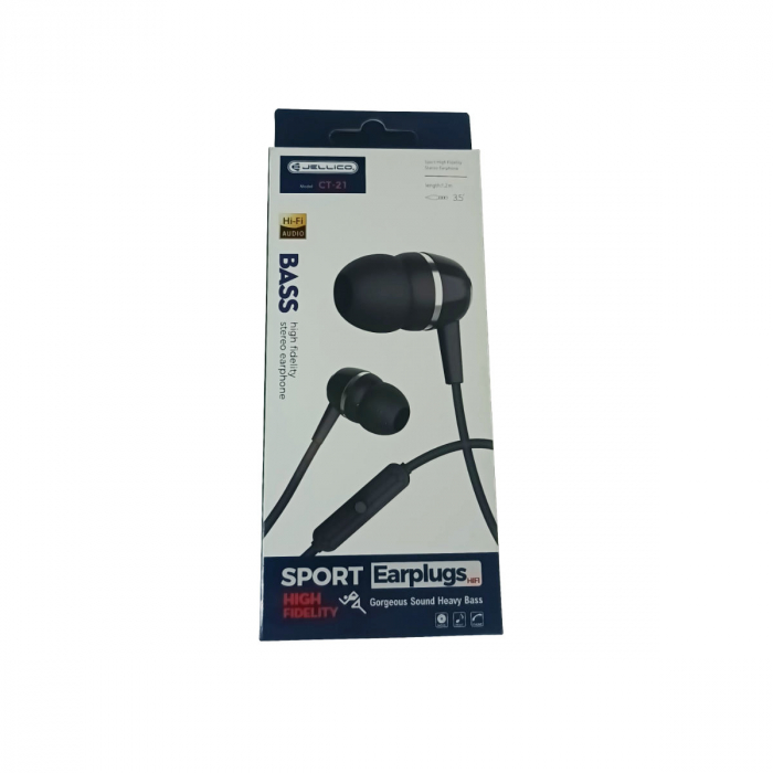 Casti stereo in-ear cu microfon, Sport Earplugs Jellico CT-21, conector Tip Jack 3.5 mm tata, control pe fir, lungime cablu 120 cm, negre [3]