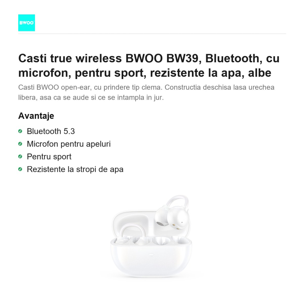 Casti true wireless BWOO BW39, Bluetooth, cu microfon, pentru sport, rezistente la apa, albe [2]