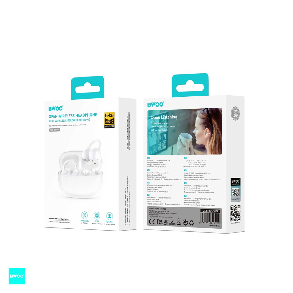 Casti true wireless BWOO BW39, Bluetooth, cu microfon, pentru sport, rezistente la apa, albe [4]