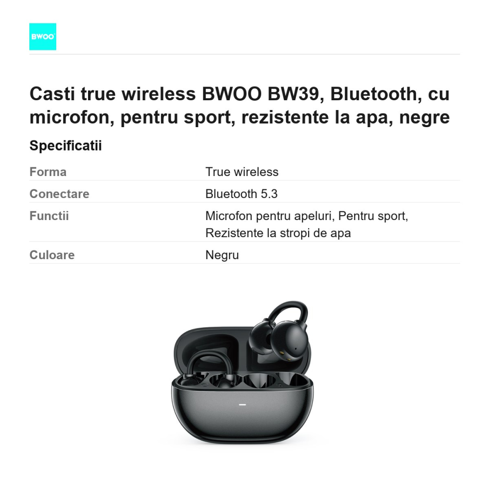 Casti true wireless BWOO BW39, Bluetooth, cu microfon, pentru sport, rezistente la apa, negre [3]