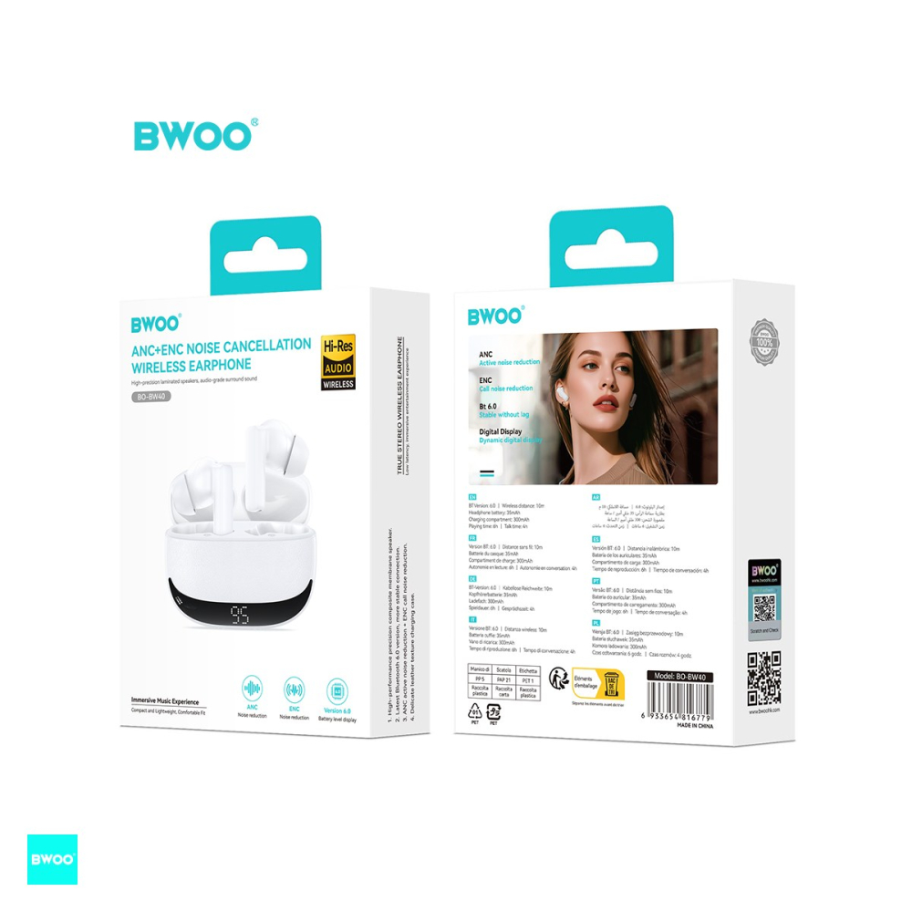 Casti true wireless BWOO BW40, Bluetooth, cu ANC, cu iluminare LED, albe [5]