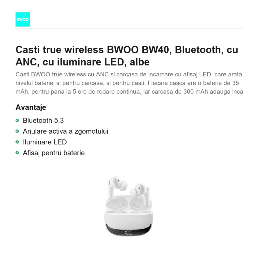 Casti true wireless BWOO BW40, Bluetooth, cu ANC, cu iluminare LED, albe [2]