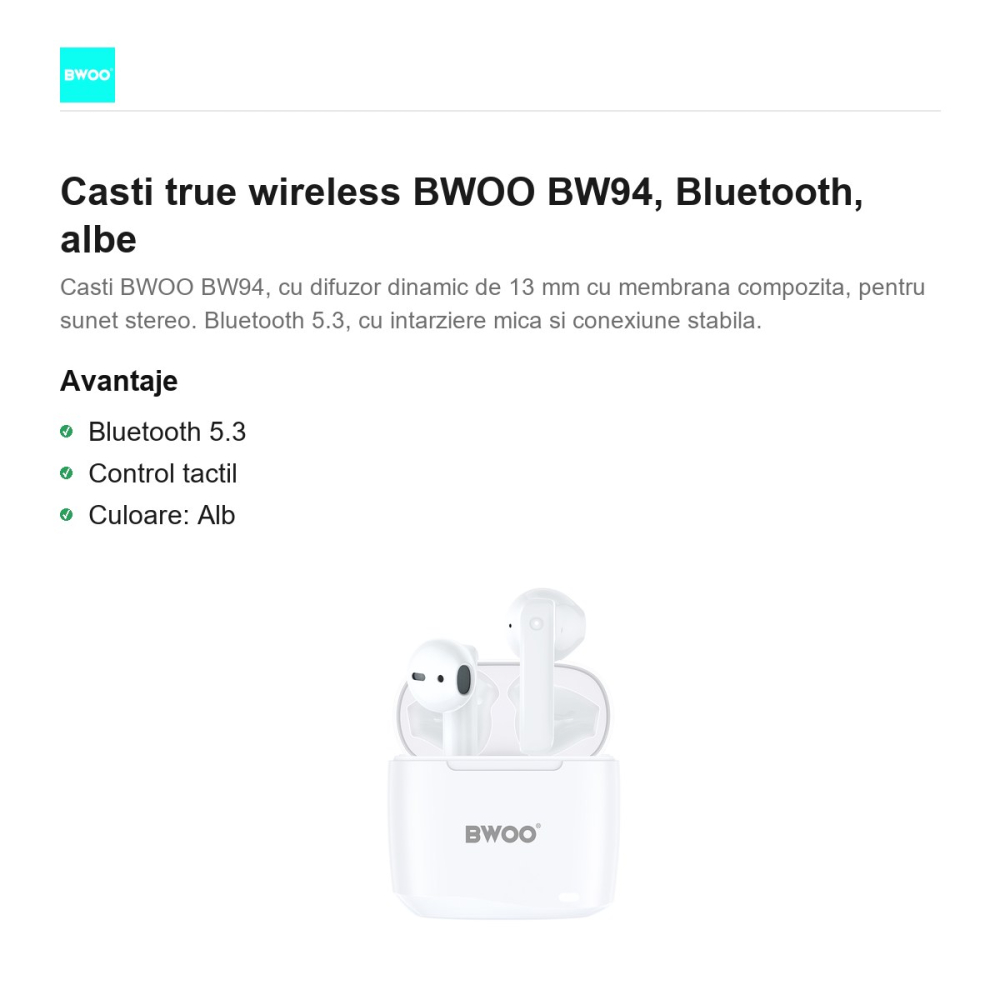 Casti true wireless BWOO BW94, Bluetooth, albe [2]