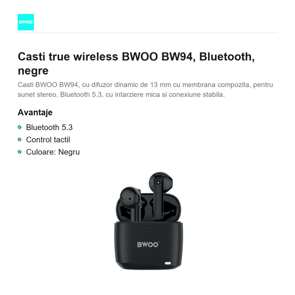 Casti true wireless BWOO BW94, Bluetooth, negre [2]