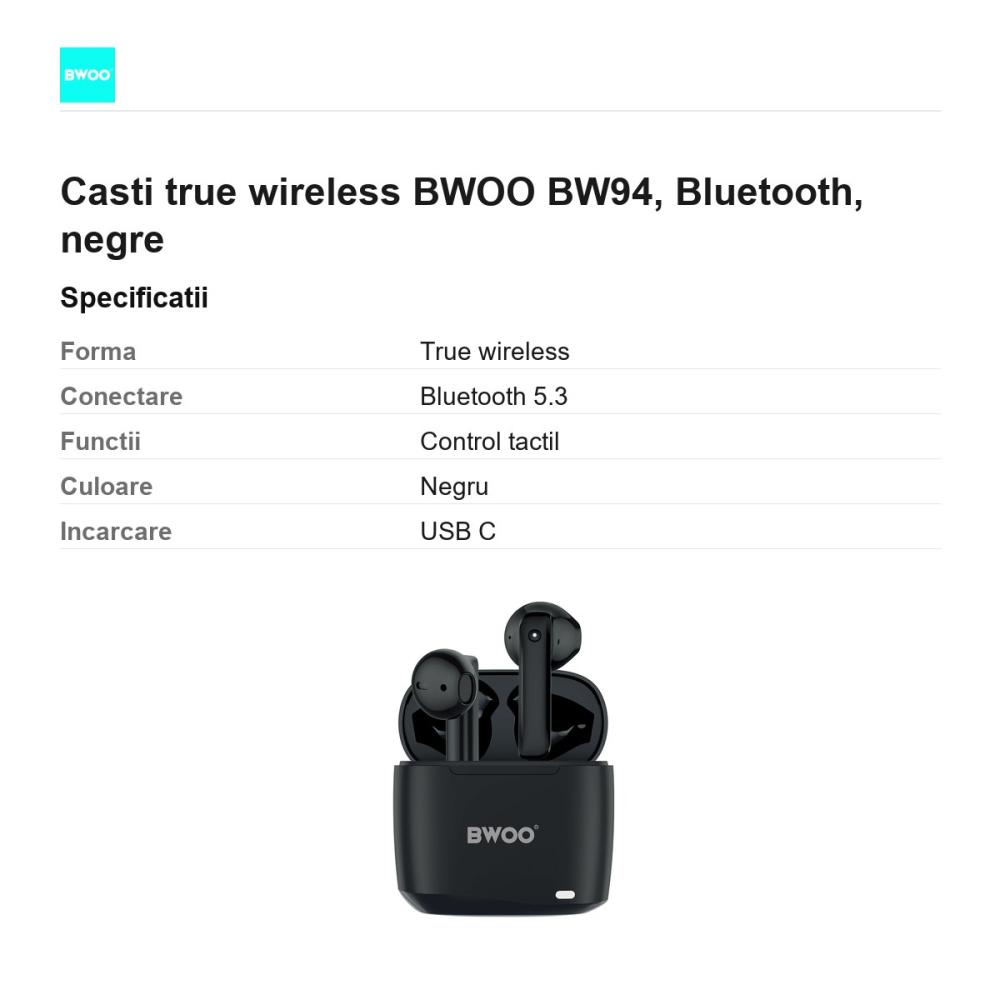 Casti true wireless BWOO BW94, Bluetooth, negre [3]