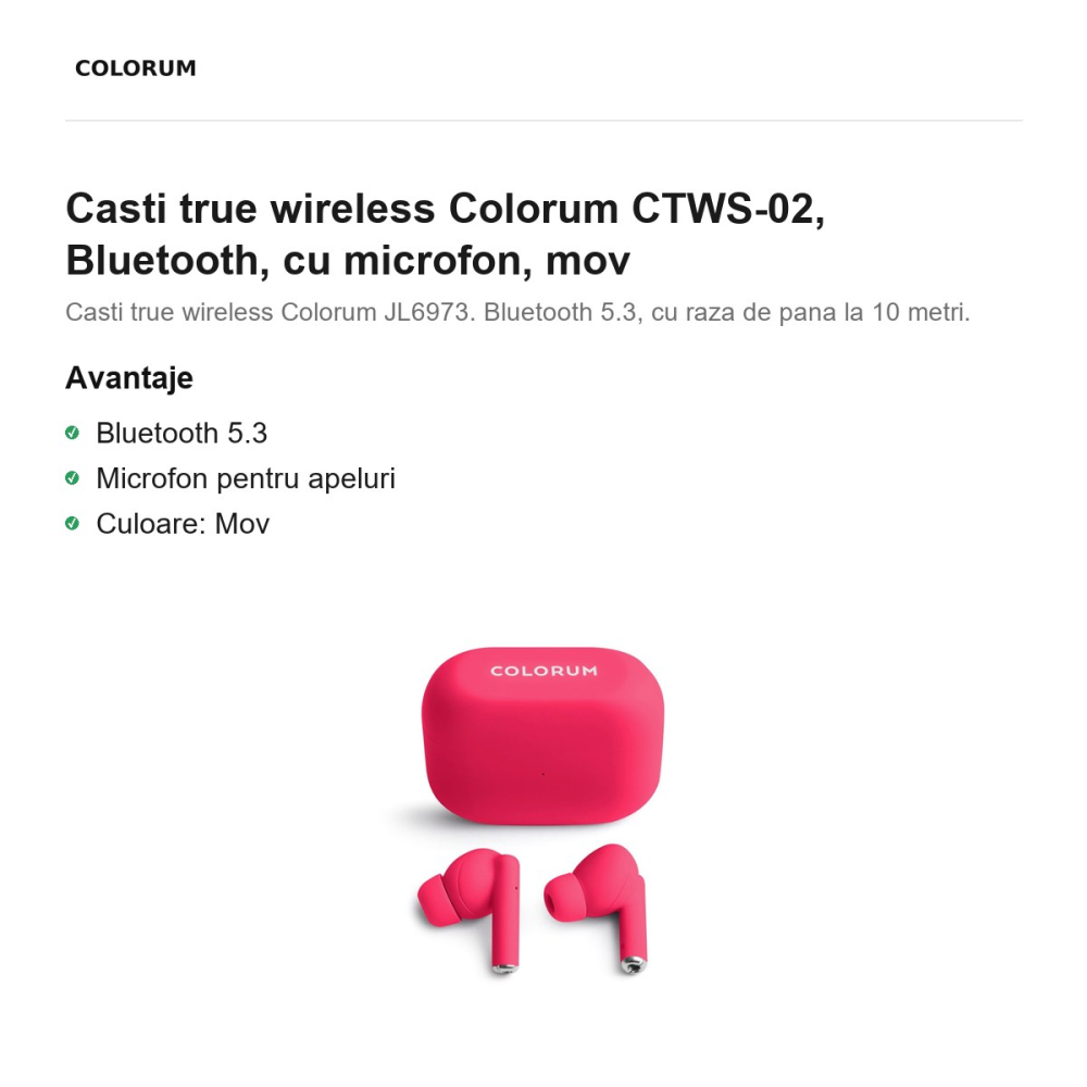 Casti true wireless Colorum CTWS-02, Bluetooth, cu microfon, mov [2]