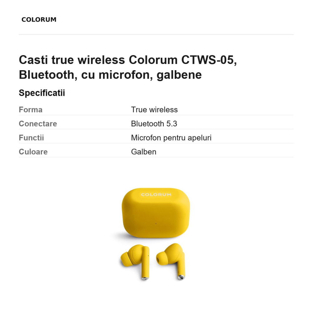 Casti true wireless Colorum CTWS-05, Bluetooth, cu microfon, galbene [3]