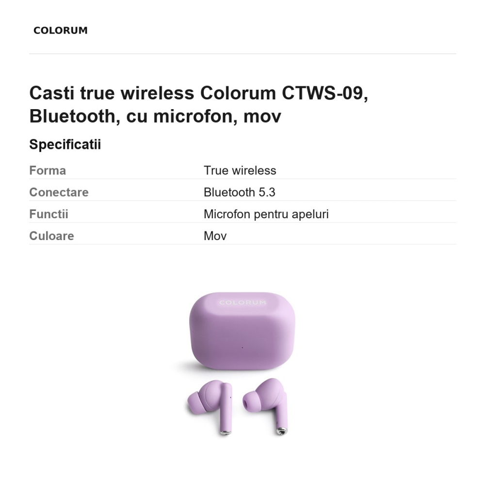 Casti true wireless Colorum CTWS-09, Bluetooth, cu microfon, mov [3]
