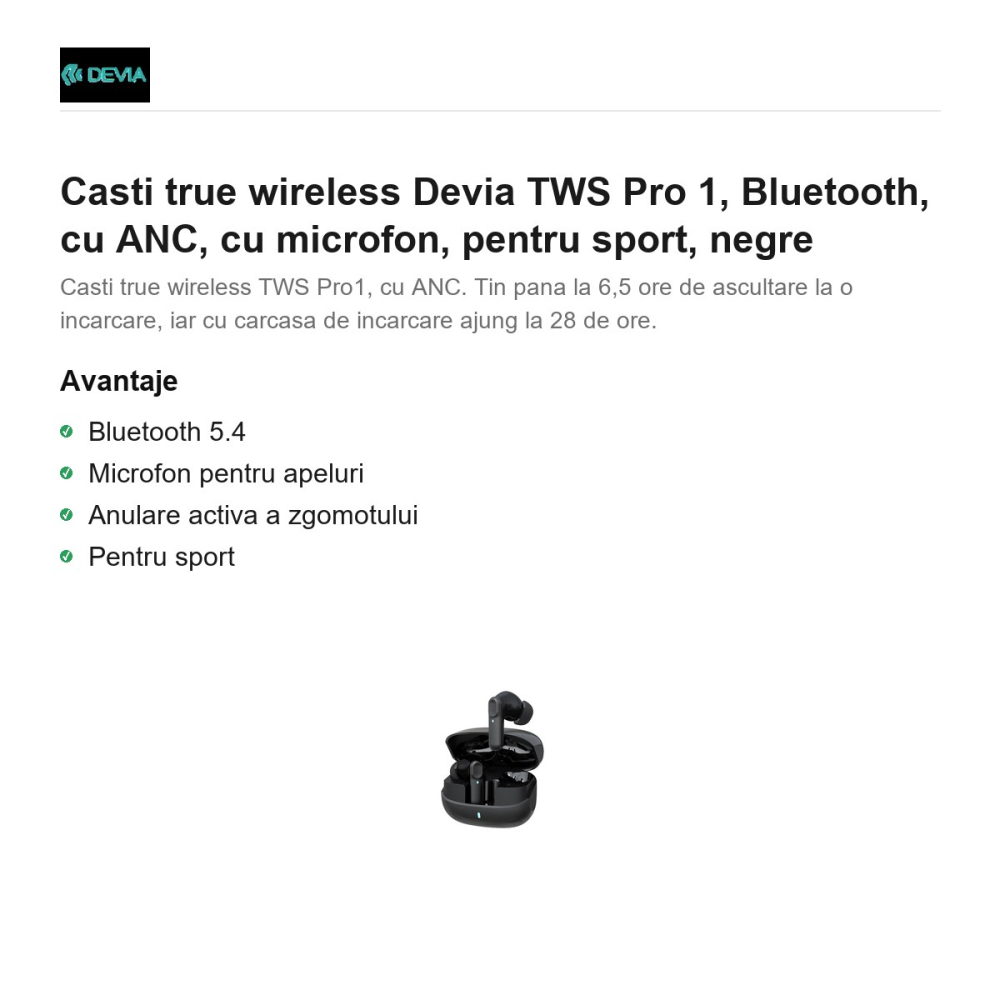 Casti true wireless Devia TWS Pro 1, Bluetooth, cu ANC, cu microfon, pentru sport, negre [2]