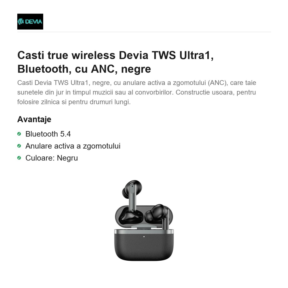 Casti true wireless Devia TWS Ultra1, Bluetooth, cu ANC, negre [2]