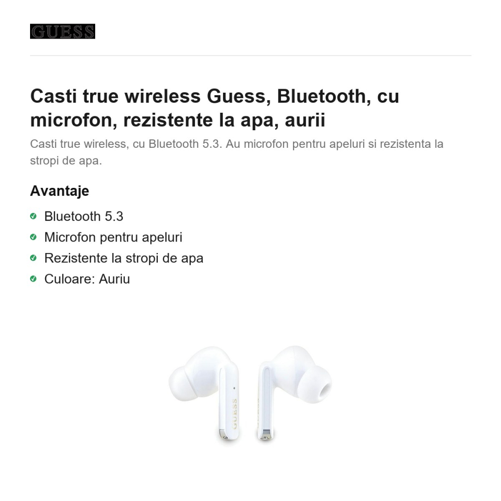 Casti true wireless Guess, Bluetooth, cu microfon, rezistente la apa, aurii [2]