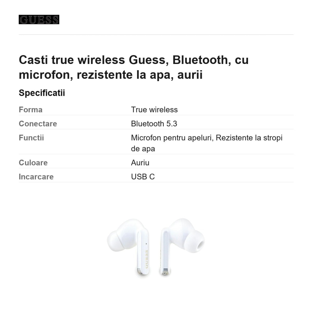 Casti true wireless Guess, Bluetooth, cu microfon, rezistente la apa, aurii [3]