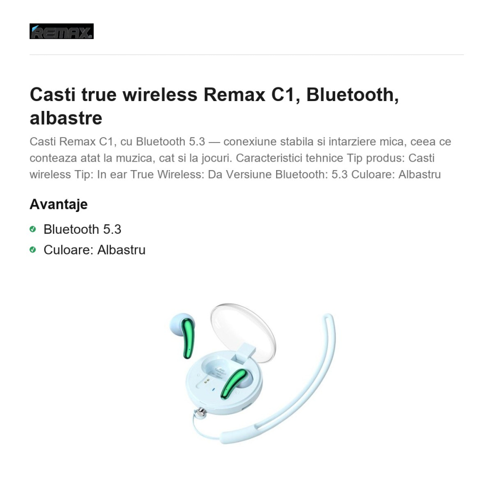 Casti true wireless Remax C1, Bluetooth, albastre [2]