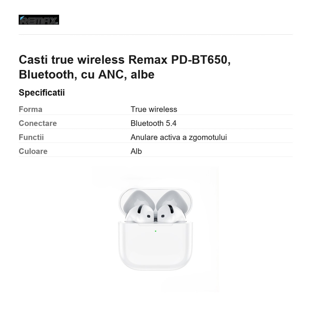 Casti true wireless Remax PD-BT650, Bluetooth, cu ANC, albe [3]