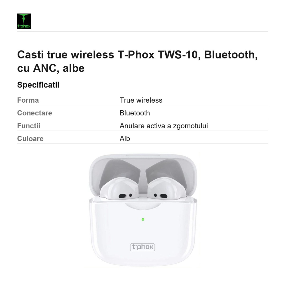 Casti true wireless T-Phox TWS-10, Bluetooth, cu ANC, albe [3]