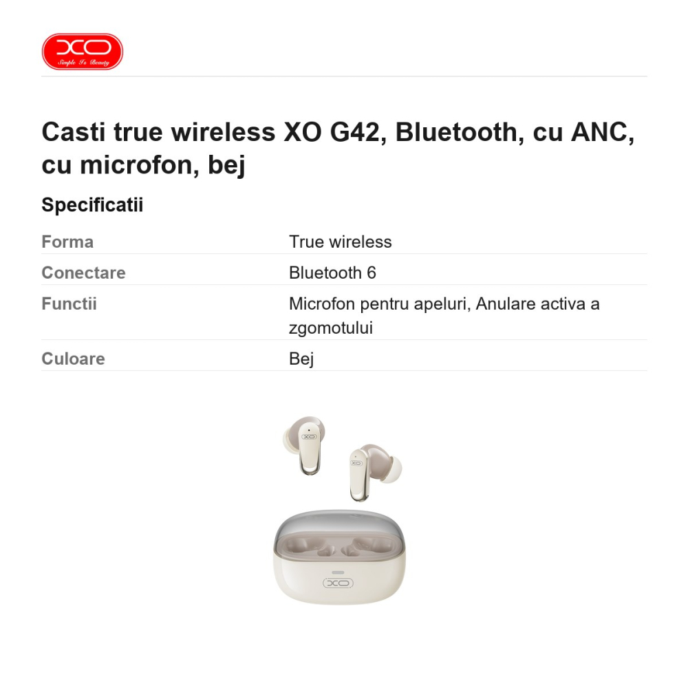 Casti true wireless XO G42, Bluetooth, cu ANC, cu microfon, bej [3]