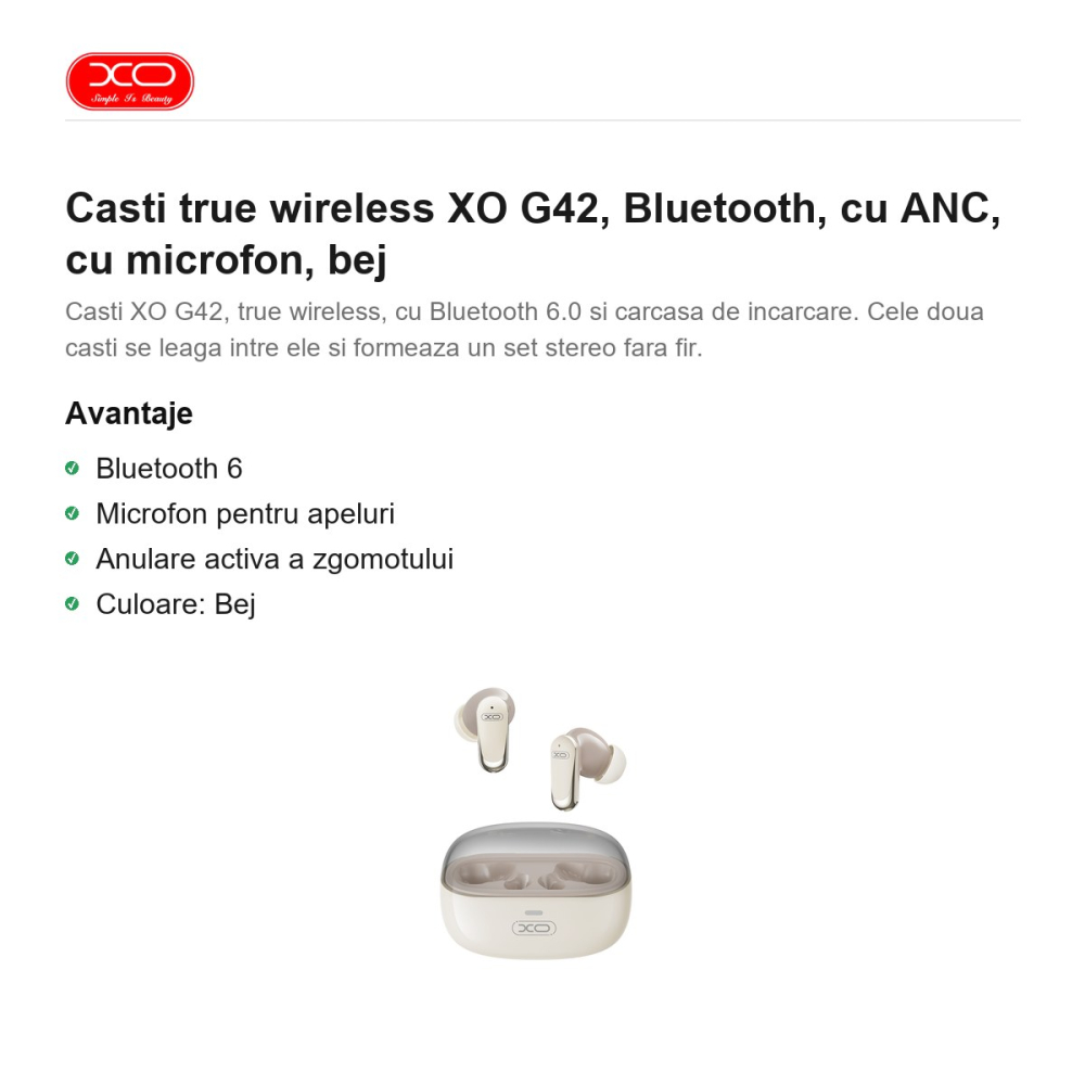Casti true wireless XO G42, Bluetooth, cu ANC, cu microfon, bej [2]