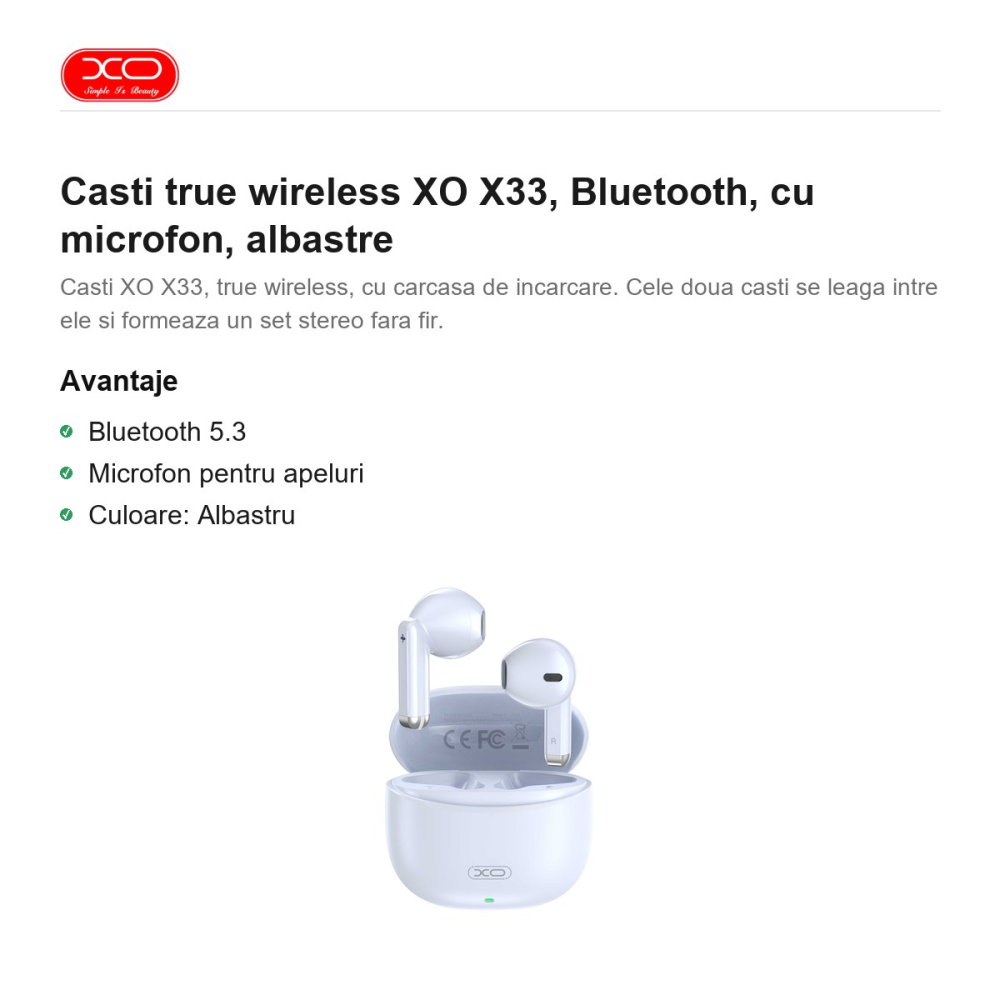 Casti true wireless XO X33, Bluetooth, cu microfon, albastre [2]