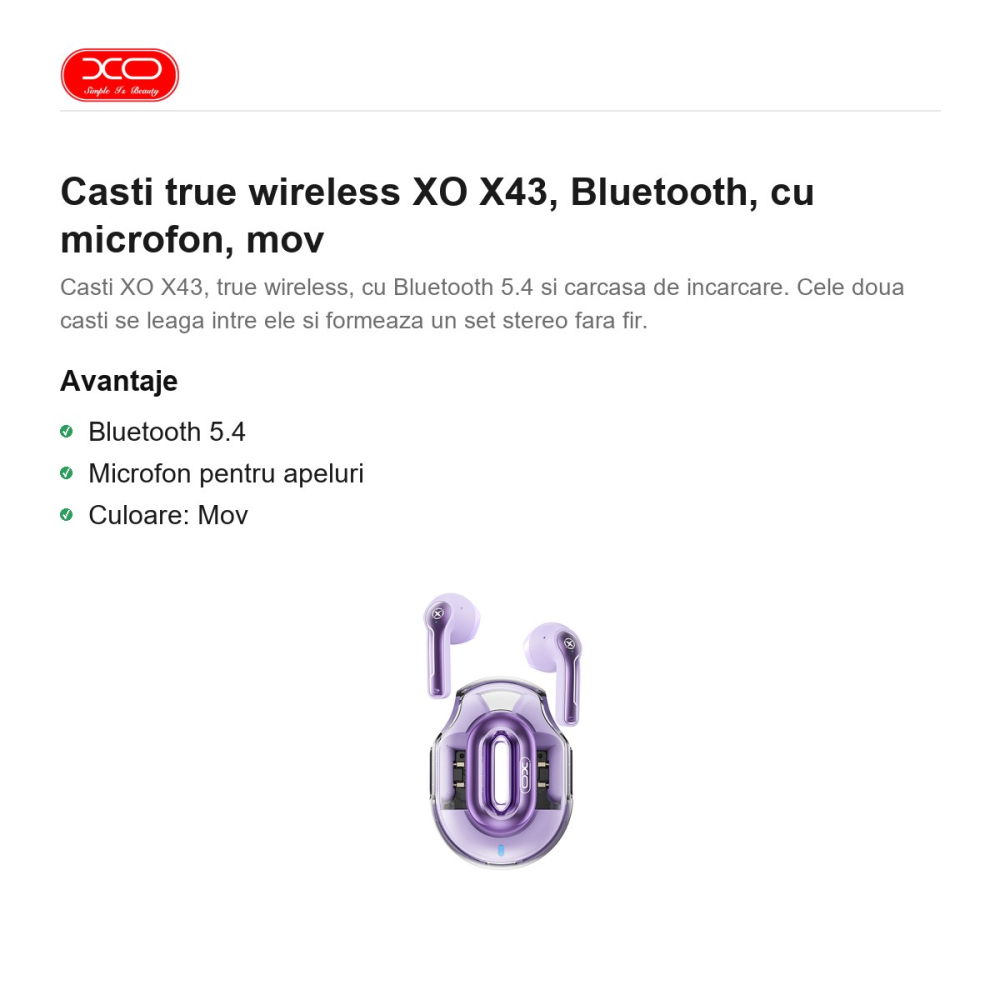 Casti true wireless XO X43, Bluetooth, cu microfon, mov [2]