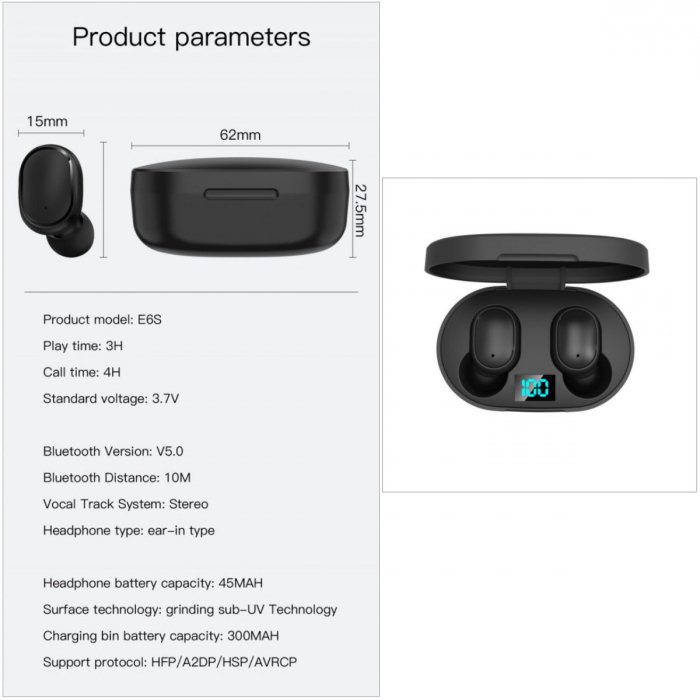 Casti Wireless E6S TWS Wireless Bluetooth 5.0 Earbuds Black cu statie de incarcare, autonomie extinsa, negre [4]