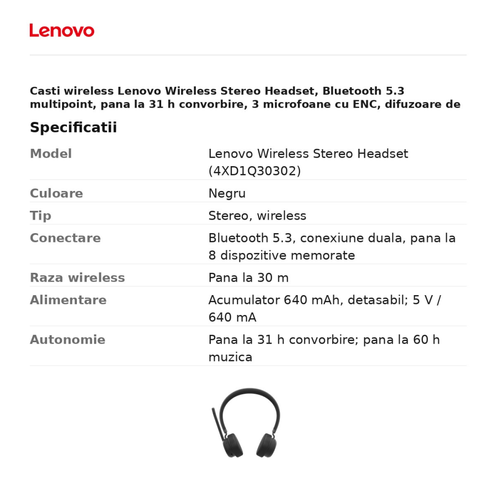 Casti wireless Lenovo Wireless Stereo Headset, Bluetooth 5.3 multipoint, pana la 31 h convorbire, 3 microfoane cu ENC, difuzoare de 40 mm, negru, 4XD1Q30302 [3]