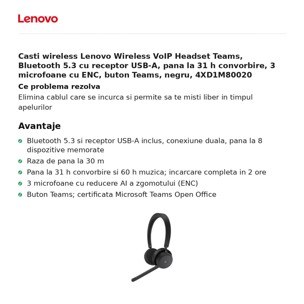 Casti wireless Lenovo Wireless VoIP Headset Teams, Bluetooth 5.3 cu receptor USB-A, pana la 31 h convorbire, 3 microfoane cu ENC, buton Teams, negru, 4XD1M80020 [2]