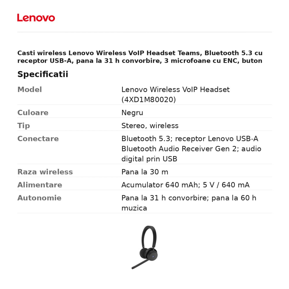 Casti wireless Lenovo Wireless VoIP Headset Teams, Bluetooth 5.3 cu receptor USB-A, pana la 31 h convorbire, 3 microfoane cu ENC, buton Teams, negru, 4XD1M80020 [3]