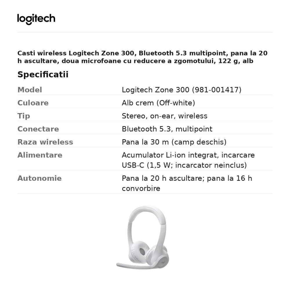 Casti wireless Logitech Zone 300, Bluetooth 5.3 multipoint, pana la 20 h ascultare, doua microfoane cu reducere a zgomotului, 122 g, alb crem, 981-001417 [3]