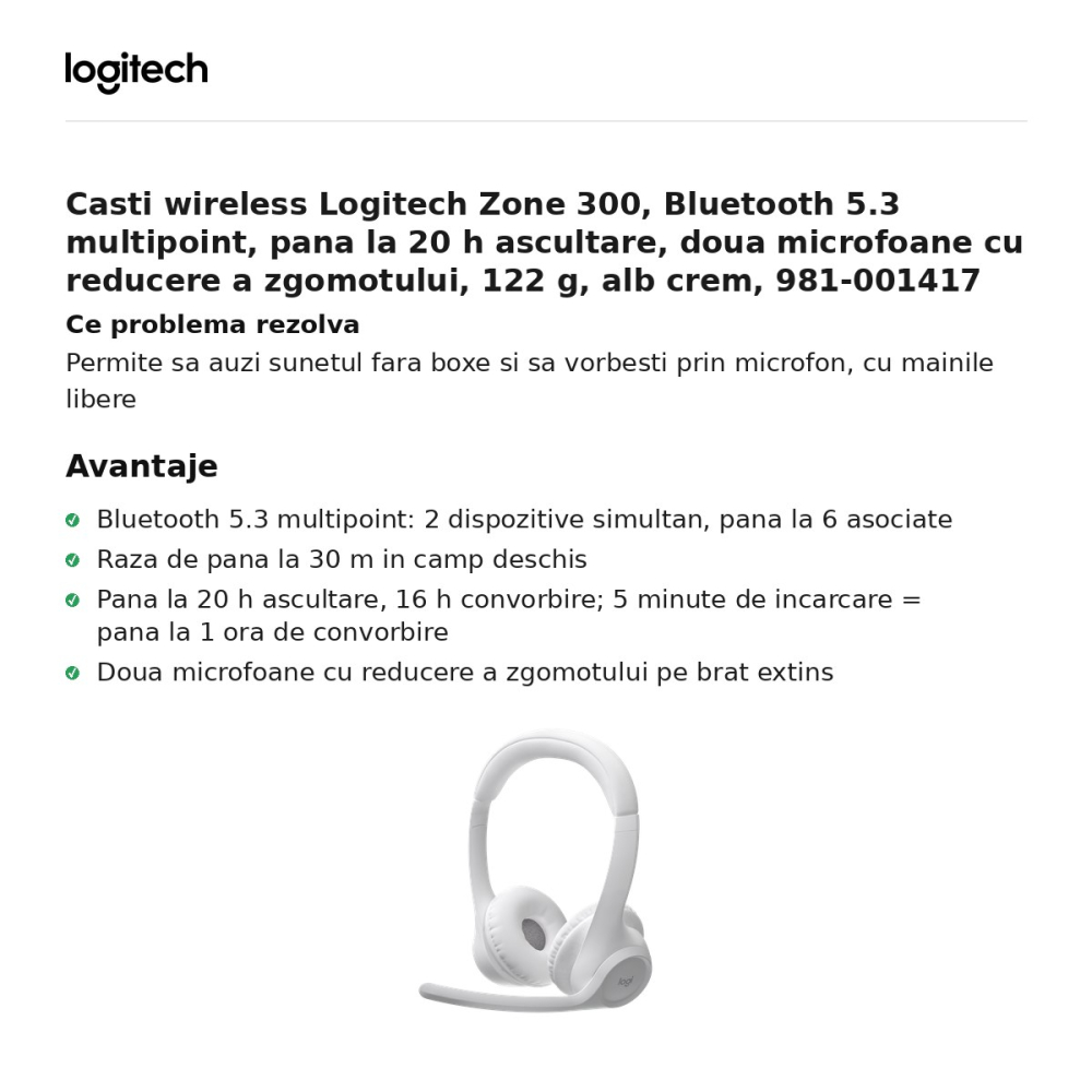 Casti wireless Logitech Zone 300, Bluetooth 5.3 multipoint, pana la 20 h ascultare, doua microfoane cu reducere a zgomotului, 122 g, alb crem, 981-001417 [2]