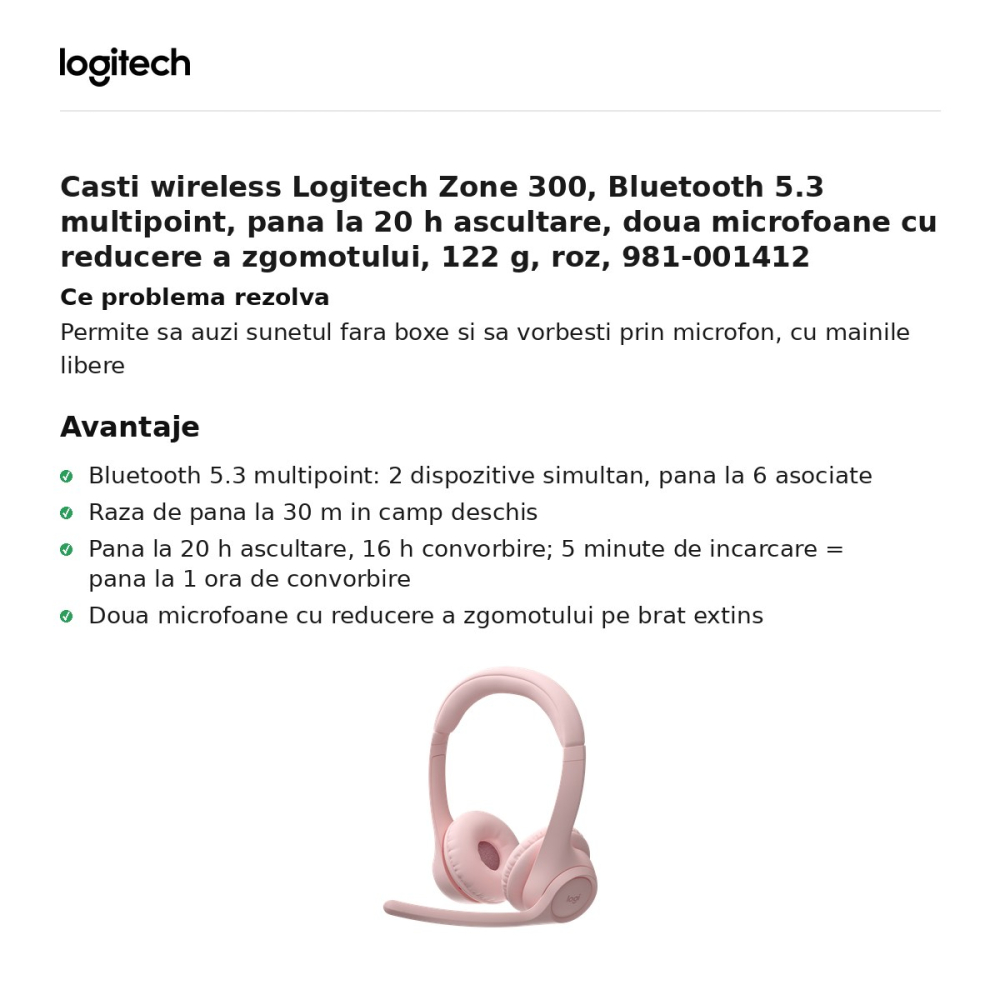 Casti wireless Logitech Zone 300, Bluetooth 5.3 multipoint, pana la 20 h ascultare, doua microfoane cu reducere a zgomotului, 122 g, roz, 981-001412 [2]
