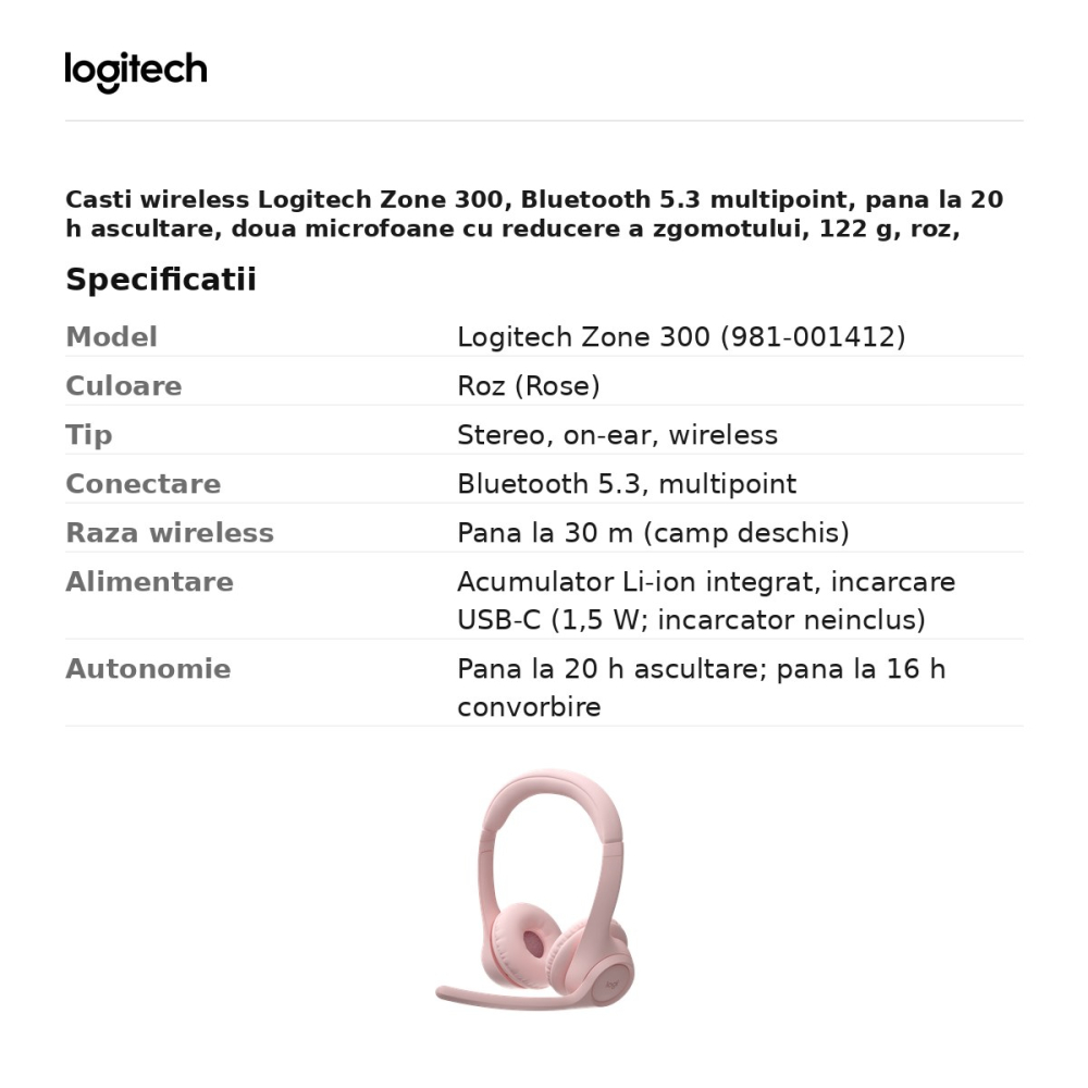 Casti wireless Logitech Zone 300, Bluetooth 5.3 multipoint, pana la 20 h ascultare, doua microfoane cu reducere a zgomotului, 122 g, roz, 981-001412 [3]