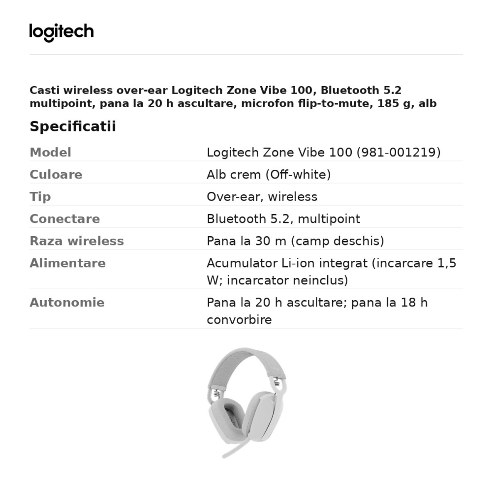Casti wireless over-ear Logitech Zone Vibe 100, Bluetooth 5.2 multipoint, pana la 20 h ascultare, microfon flip-to-mute, 185 g, alb crem, 981-001219 [3]